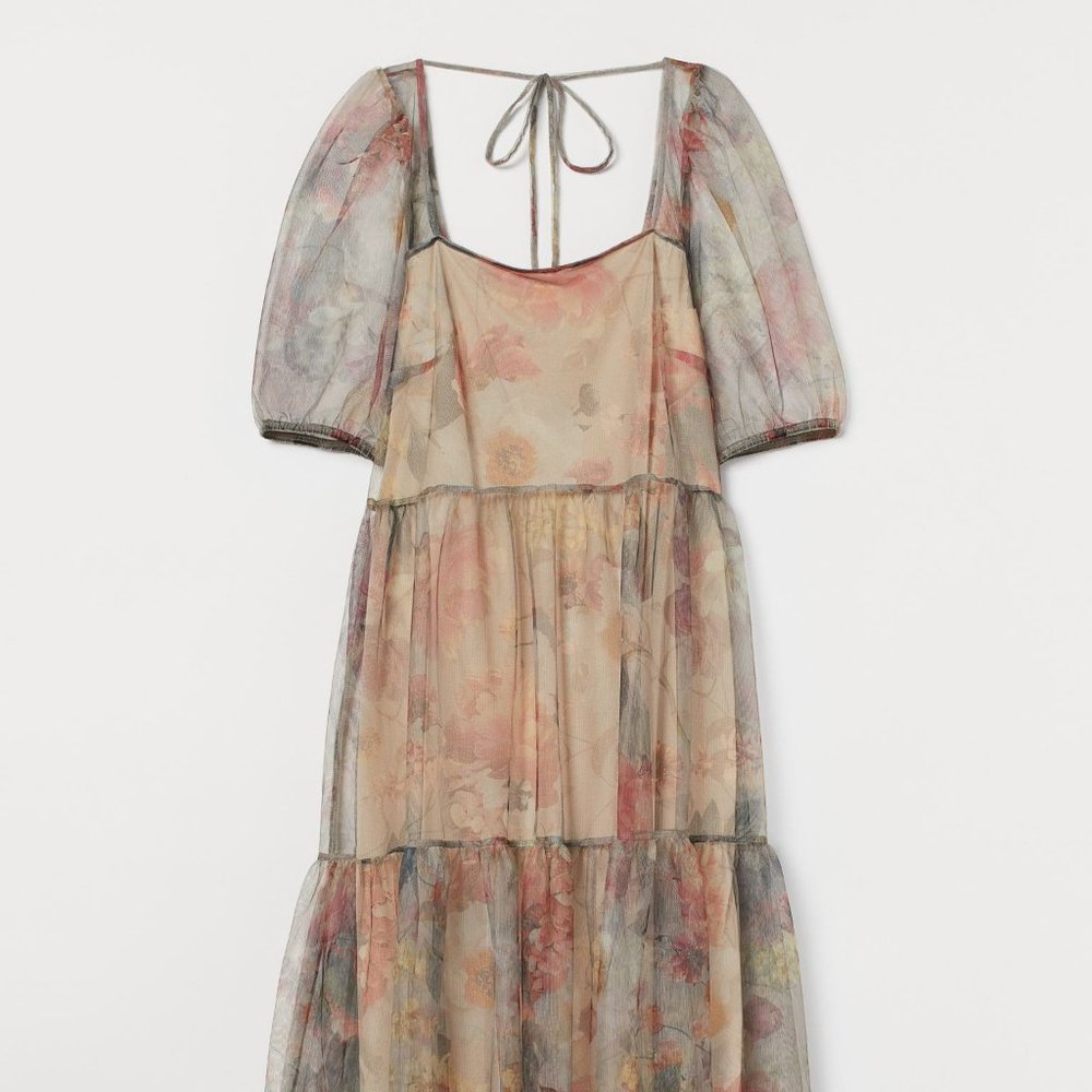 Puff-sleeved Mesh Dress Powder Beige/Floral